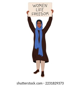 Iranian woman protest. Arabic woman in hijab and national dress holding placard with text. Women's rights. Concept of unity, freedom, discrimination. Islamic female character isolated. Vector