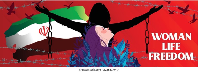 Iranian women fighting for their rights HD Banner with the slogan "Woman, Life, Freedom" and Iran Flag. Woman getting out of the chains. Women rights. Hijab, Burqa Protests