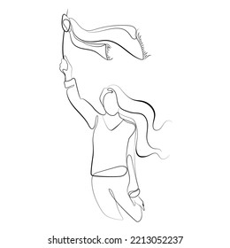 Iranian women protest against hijab,vector illustration.Iranian woman with flowing hair holding a hijab tied on a stick Line art drawing,minimalist style.Equal rights of women concept