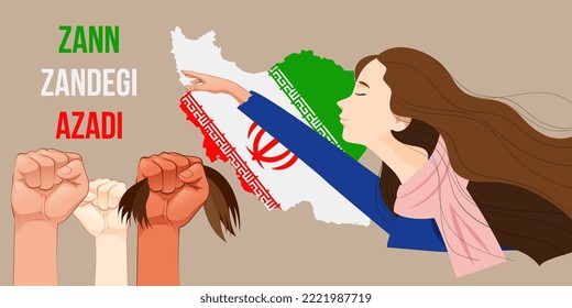 Iranian women protest banner. Slogan "Zan Zendegi Azadi" in persian for "Women Life Freedom". Iran flag. Women empowerment, equal rights. Hair cut campaign for awareness. Female burqa protestors.