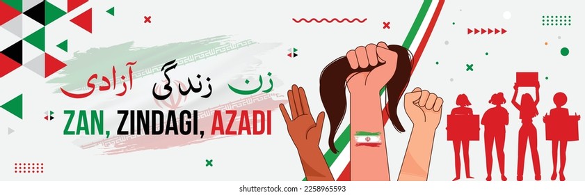 Iranian women protest banner, Slogan "Zan Zindagi Azadi" - "Women Life Freedom" protest with Iran flag, Women empowerment, equal rights. Haircut campaign for awareness Female burqa protestors Vector