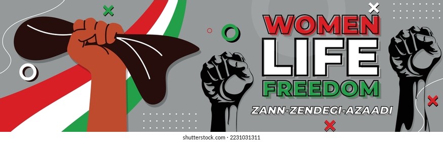 Iranian women protest banner, "Zan Zendegi Azaid" background cover, "Women Life Freedom protest with Iran flag, Women empowerment,Equal rights, Hair cut campaign for awareness, Female burqa protestors