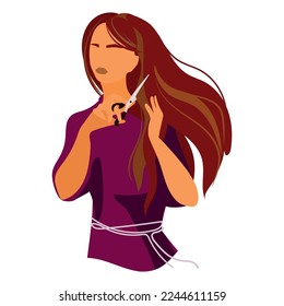 Iranian women protest concept.Beautiful woman cutting off her hairstruggle flat vector illustration in modern simple style.Freedom to Iranian women banner,poster design