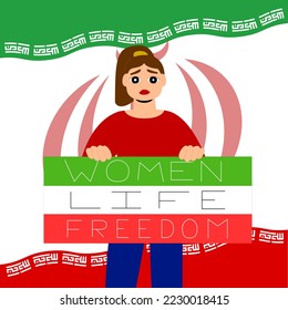 Iranian women protest Slogan "women life freedom" in persian for "Women Life Freedom". Iran flag. Women empowerment, equal rights. Hair cut campaign for awareness. Female burqa protestors.