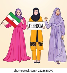 Iranian womens  protesting with banner and flag, Hijab girls 