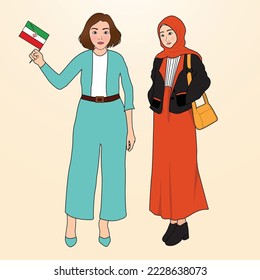 Mujeres iraníes protestando con bandera iraní, hijab