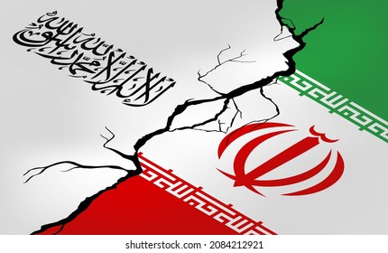 Iran's border crisis and the Islamic Emirate of Afghanistan. Flags of countries are separated by a crack. New conflict. The concept of the poster to the article. 