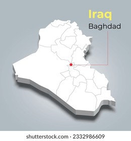 Iraq 3d map with borders of regions and it’s capital