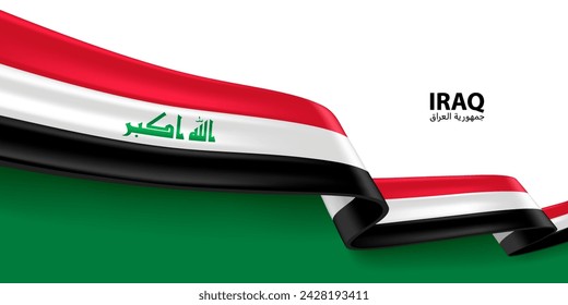 Bandera de cinta Iraq 3D. Doblado ondeando la bandera 3D en colores de la bandera nacional de Iraq. Diseño de fondo de bandera nacional.
