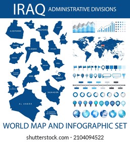 Iraq administrative divisions and World map infographic set. Vector illustration.