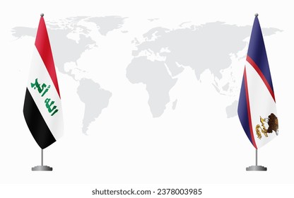 Iraq and American Samoa flags for official meeting against background of world map.