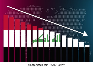 Iraq bar chart graph, decreasing values, crisis and downgrade concept, Iraq flag on bar graph, down arrow on data, news banner idea, fail and decrease, financial statistic
