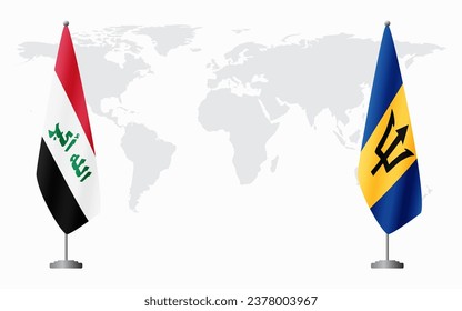 Iraq and Barbados flags for official meeting against background of world map.