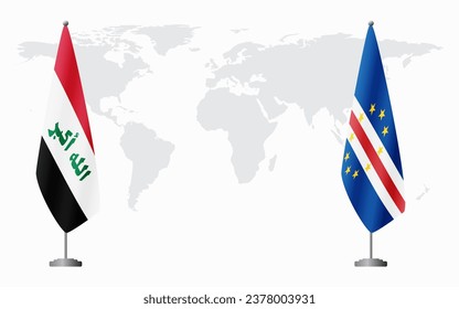 Iraq and Cape Verde flags for official meeting against background of world map.