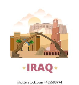 Iraq country design template. Flat cartoon style historic showplace web site vector illustration. World travel Asia Asian collection. Mudhafaria Minaret Great Ziggurat Ur National Museum Victory Arch.