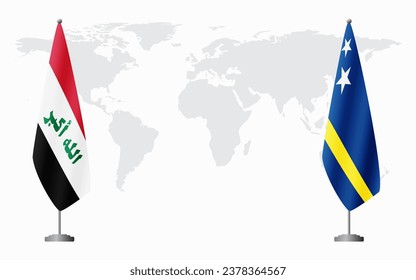 Iraq and Curacao flags for official meeting against background of world map.