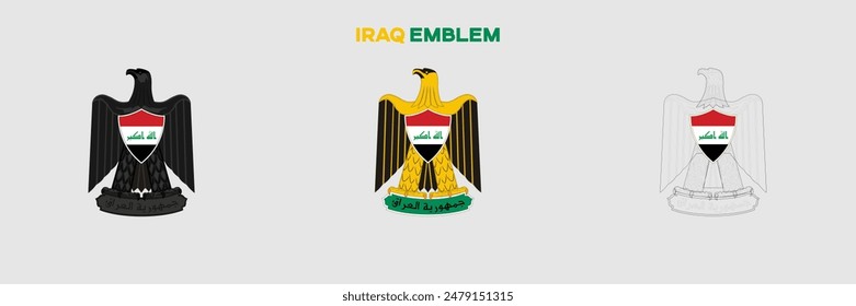 Iraq Emblem Vector Pack. Emblem with Flag. Gray Emblem Silhouette. Gray Outline Emblem. Editable EPS file.