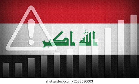 Iraq flag with burlap texture, warning sign, and rising bar chart symbolizing increasing risk or growth challenges in the country. Ideal for data presentations.