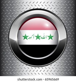 Iraq flag button on metal background, vector.