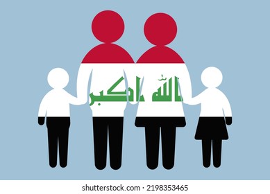 Iraq Flag With Family Concept, Vector Element, Parent And Kids Holding Hands, Immigrant Idea, Happy Family With Iraq Flag, Flat Design Asset