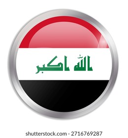 Iraq flag - glossy circle button in metal frame displays a colorful flag of a country cultural identity and heritage. The essence of national pride and unity.