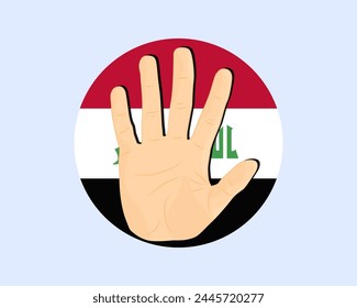 Irakflagge mit Handstoppschild, Protest- und Menschenrechtsidee, Vektorgrafik-Design, Protest im Irak, Einschränkung oder verbotenes Emblem, Verletzung der Meinungsfreiheit, Krieg beenden