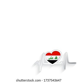 Iraq flag heart shaped and heartbeat line isolated on white. Iraq Patriotic Background. Vector illustration.