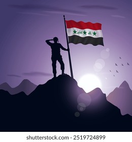 Iraq Flag hoisted on a mountain peak with a purplish sunset in the background, vector illustration