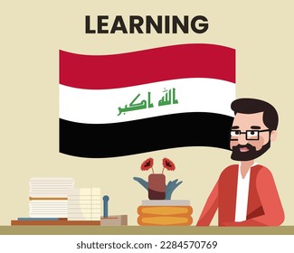 Iraq flag with a male teacher, learning or teaching Iraq language, bearded man with glasses and country flag vector design, language school concept
