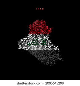 Iraq flag map, chaotic particles pattern in the colors of the Iraqi flag. Vector illustration isolated on black background.