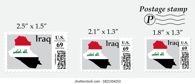 Iraq flag map on postage stamp different size.