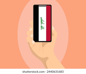 Irak-Flagge auf dem Bildschirm des Mobiltelefons, das Smartphone haltend, Werbung Social Media oder Banner-Konzept, Irak-Flagge, die auf dem Bildschirm des Telefons angezeigt wird, Technologie-Nachrichten-Idee