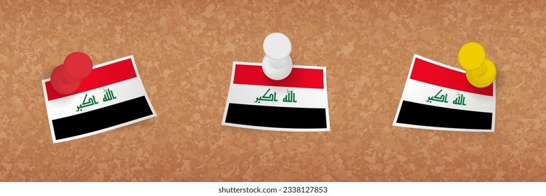 Iraq flag pinned in cork board, three versions of Iraq flag. Vector pushpins and flag set.