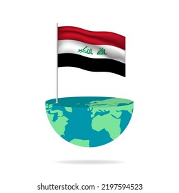 Iraq flag pole on globe. Flag waving around the world. Easy editing and vector in groups. National flag vector illustration on white background.