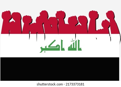 Iraq Flag With Raised Protest Hands Vector, Country Flag Logo, Iraq Protesting Concept, Flat Design, Against Idea