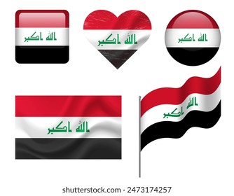 Conjunto de iconos de la bandera de Iraq. Bandera de Vector de Irak, símbolo. Conjunto de banderas de Iraq Botón, ondeado, corazón.