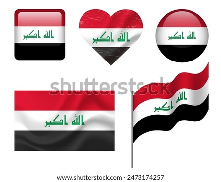 Iraq flag set of icons. Vector flag of Iraq, symbol. Set of Iraq flags button, waved, heart.