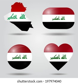 Iraq flag set in map, oval, circular and heart shape.