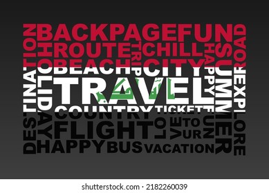 Iraq flag shape of travel keywords, travel concept, abroad vacation idea, simple flat design, Iraq flag mask on holiday words, tourism banner
