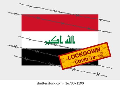 Iraq flag with signboard lockdown warning security due to coronavirus crisis covid-19 diseas design with barb wired isolate vector