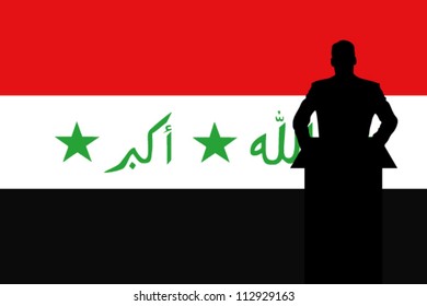 The Iraq Flag with a Silhouette of a man giving a speech