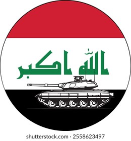 Iraq flag with tank in the foreground