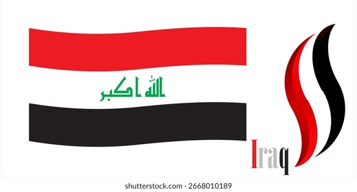 "Iraq Flag Vector Illustration with Arabic Calligraphy Allahu Akbar, Wavy Red White Black Tricolor Banner, Patriotic Iraqi National Symbol, Abstract Curved Flag Design for Independence,
