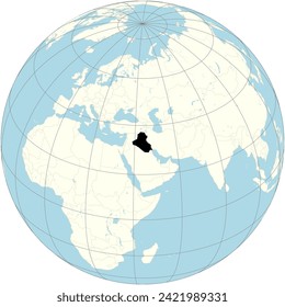 Iraq in focus on the orthographic projection of the world map, rich in ancient Mesopotamian heritage in the Middle East.