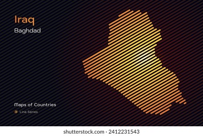 Iraq Gold Map with a capital of Baghdad Shown in a Line Pattern. Stylized simple vector map.