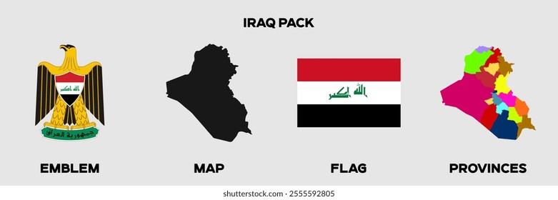 Iraq Graphics Pack. Iraq Flag. Iraq Map. Iraq Emblem. Editable EPS file with Map, Emblem, Flag and Divisional Map.