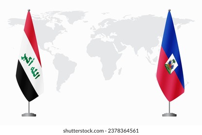 Iraq and Haiti flags for official meeting against background of world map.