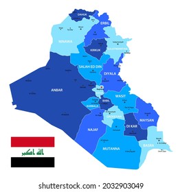 Iraq highly detailed map. Vector blue illustration with borders, cities and national flag