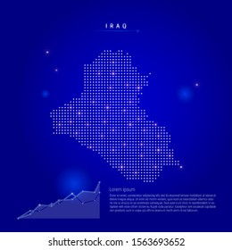 Iraq illuminated map with glowing dots. Infographics elements. Dark blue space background. Vector illustration. Growing chart, lorem ipsum text.