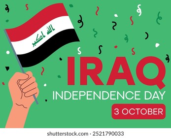 iraq independence day 3 October, iraq flag in hand. Greeting card, poster, banner template	